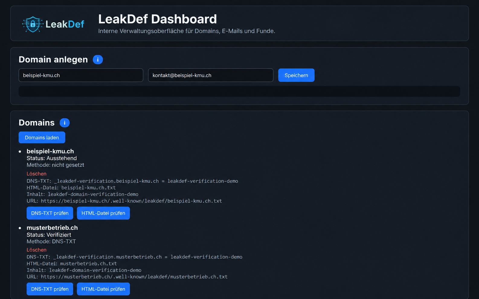 LeakDef Domainverwaltung mit anonymisierten Demo-Daten